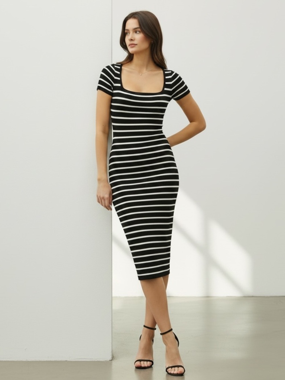 1414 • Black & Cream Stripe Viscose Blend Rib Knit Rounded Square Neck Dress